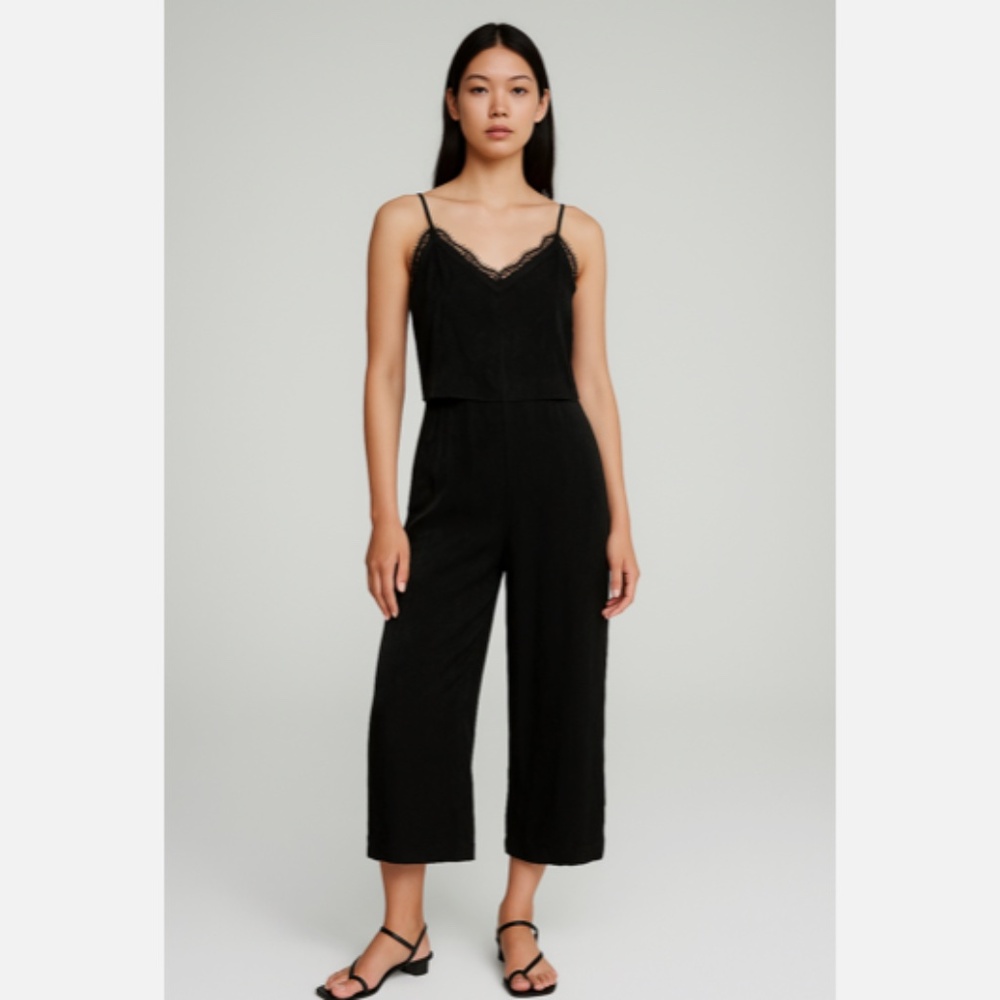 Dee Elly Womens XS Lace Trim Sleeveless Black Velvet Straight Leg Jumpsuit